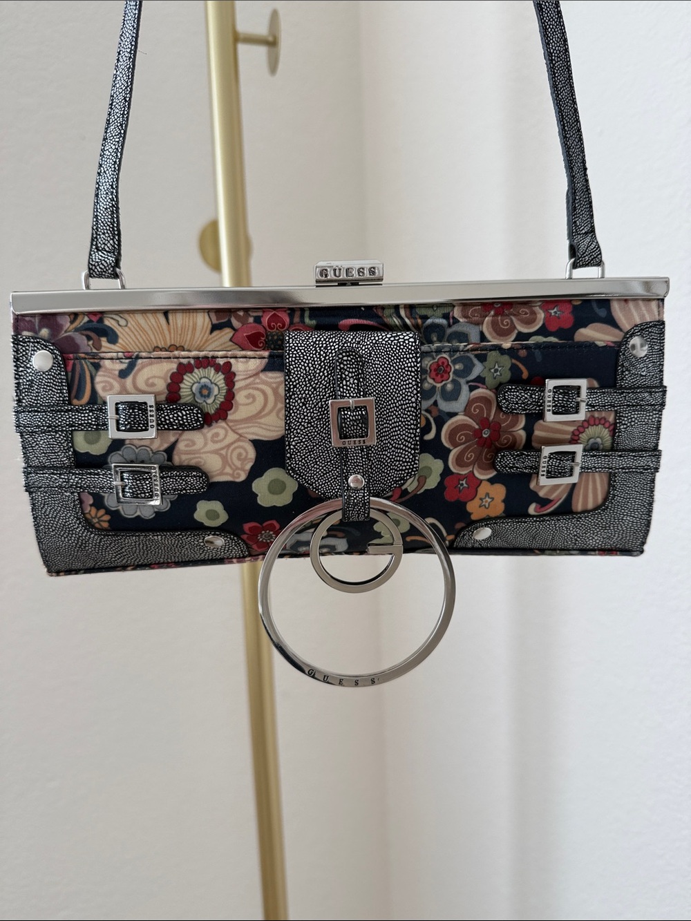 Guess Black Floral-Print Wristlet with Silver Hardware
